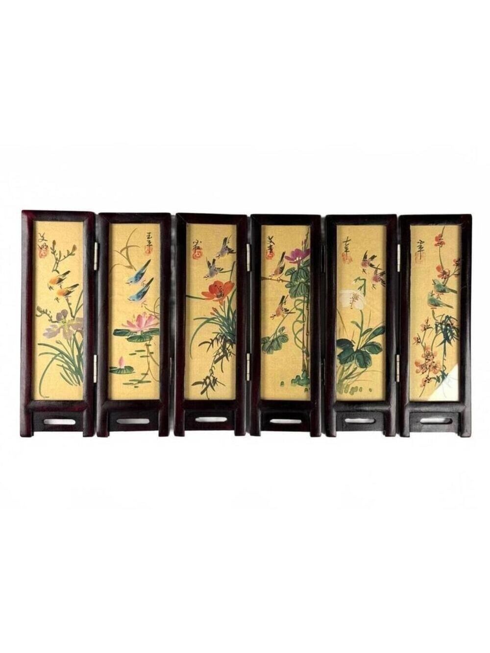 Vintage Mini Folding Screen Two-Sided China Silk Painting Birds Flowers Mountain - Picture 13 of 14